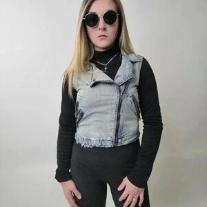 Distressed Denim Jean Jacket Jersey Knit Jacket - S